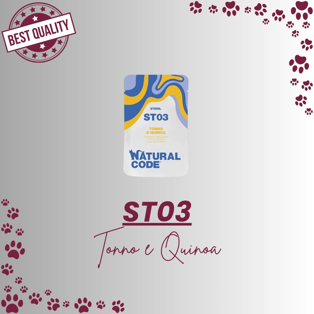 Natural Code - Alimento Húmedo para Gatos Esterilizados en Bolsita, Alimento Complementario de Todas Las Tallas y Razas, Sabor Atún y Quinua, 12 Sobres de 70 g