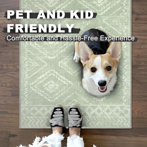 KILOCOCO Boho Kitchen Runner Rug 2x6 Washable Soft Runners for Hallways Non Slip Printed Distressed Laundry Room Rugs, Low-Pile Rugs for Entryway/Bedroom/Living Room, Grey Green