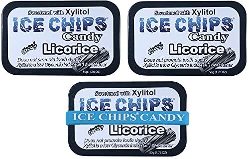 ICE CHIPS Xylitol Candy Tins 5.28 oz total (Licorice, 3 Pack) - Includes BAND as shown