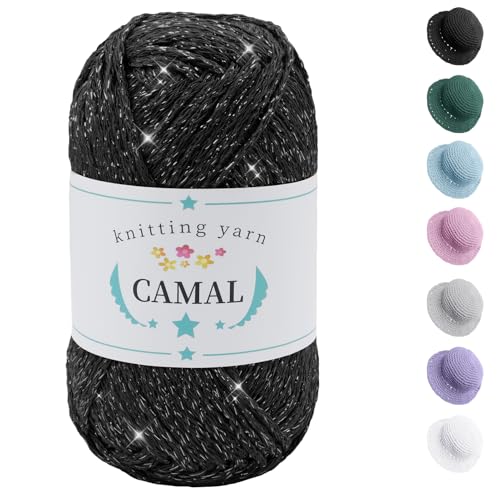 CAMAL Métallique Fil Coton pour Crochet 100g / 140m Fil De Coton Pailleté Doux Scintillant Coton a Crocheter, Fil à Tricoter pour Sac, Artisanat, Décoration...