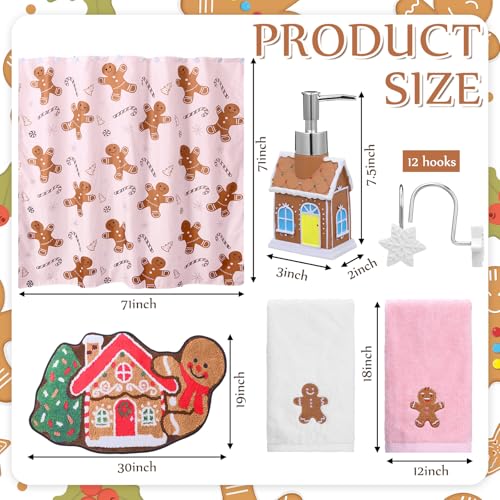 Remagr 17 Pcs Christmas Gingerbread Man Bathroom Accessories Set Shower Curtain with 12 Hooks Bath Mat Rug Non Slip Soap and Lotion Dispenser 2 Cotton Towels for Holiday Decorations Merry Xmas Gifts by Remagr - Image 3