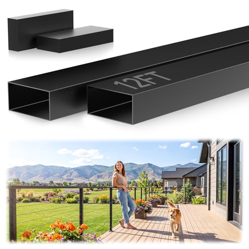 Image of 12FT Black Stainless Steel Cable Railing Handrail with POM Connector | 2 Pack Rectangular Cuttable Handrail, 2-3 /8 inchx1-3 /16 inch Flat Top Hand Railing, Deck Handrail for Indoor Outdoor Railing System