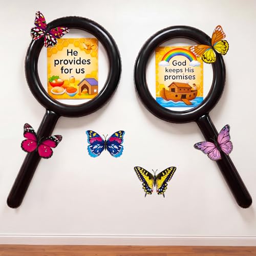 PullCrease 2 Pcs 47.2 Inch Jumbo Inflatable Magnifier with 6 Pcs 3D Magnetic Butterfly Sticker Magnified Decoration Jumbo Inflatable Magnifier for Vbs Theme Sunday School Science Camp