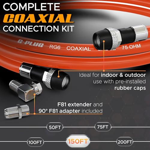 Image of G-PLUG RG6 Coaxial Cable 150FT - Triple Shielded, Waterproof, 75 Ohm with F-Type Connectors, High-Speed for HDTV, Satellite, Internet, Indoor /Outdoor Use