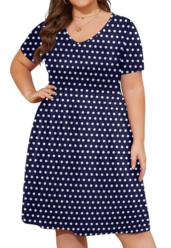 Image of DB MOON Women 2026 Casual Summer Dresses Plus Size V Neck Short Sleeve Knee Length Dress with Pockets(Polka Dot Navy Blue, 3XL)