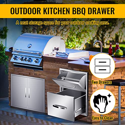 Image of 16''W x 20''H x 20''D Outdoor Kitchen Double Access Drawers with Paper Towel Holder Combo Stainless Steel, Flush Mount BBQ Island for Outdoor Kitchens or Patio Grill Station