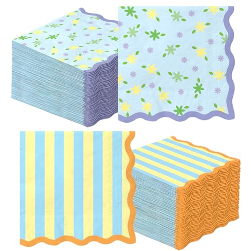 50 Pcs Summer Napkins Disposable Floral and Striped Cocktail Napkins Scalloped Paper Napkins Decorative with Pastel Colors for Pool Party Decorations Summer Table Decorations
