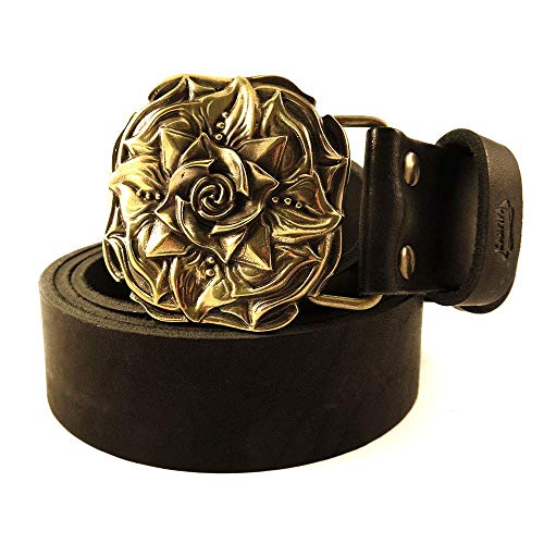 Leather Belt with brass buckle Rose, Handmade sculptural floral solid brass belt buckle Rose on casual leather belt