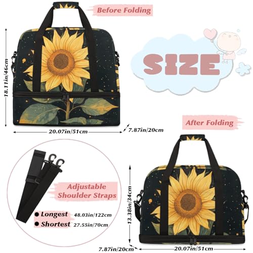 Yellow Sunflower Sports Gym Duffel Bag for Men Women Floral Black with Shoe Compartment Weekender Overnight Bags Travel Bag Carry on Backpack for Swim Fitness Workout2