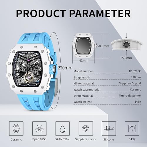 Image of TSAR BOMBA Mens Luxury Watch Automatic Watches for Men 50M Waterproof Japanese Mechanical Movement Tonneau Stainless Steel Case Sapphire Glass Big Face Cool Unique Fashion Gift Men, Blue Ceramic