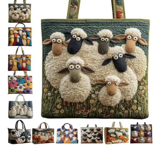 Generisch Tragetasche mit Schaf, Handgefertigt Schaf Tasche Lustige Schafmotiv Stickerei Gesteppte Einkaufstasche fur Tierliebhaber, Gepolstertem Griff (F)