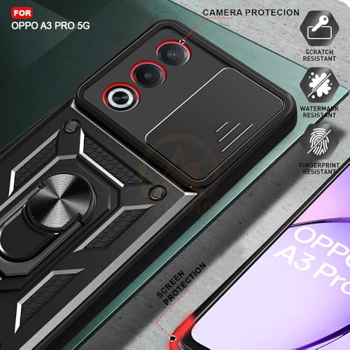 Image of Armor Bumper Back Cover Case for Oppo A3 Pro 5G Rotating Camera Cover, Ring Holder & Kickstand | Heavy Duty & 360 Degree Protection Oppo A3 Pro 5G Back Cover (Black).