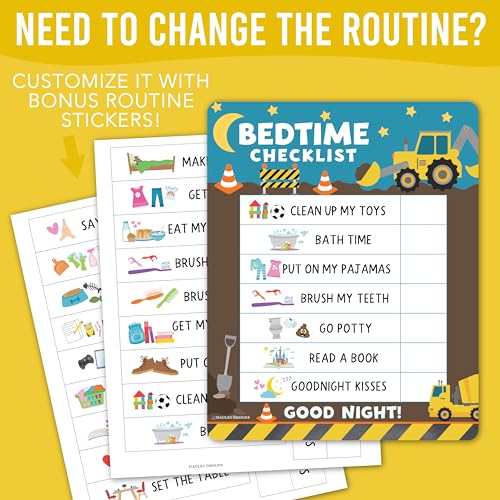 Image of Magnetic Morning & Bedtime Routine Chart for Kids - Customizable Toddler Daily Schedule Board with Dry Erase Surface, Stickers & Marker, Build Habits with Visual Checklists, Construction Theme