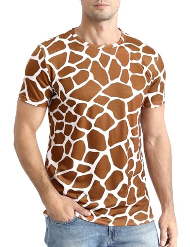 COSAVOROCK Camiseta con Impresión de Jirafa Animal 3D Camisa de Manga Corta para Hombre, Marrón, L