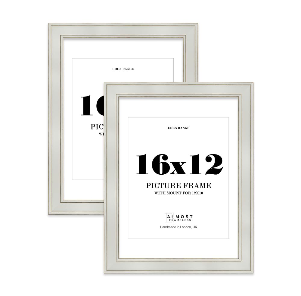 16x12" Light Grey Picture Frame with 12x10" Mount - Shabby Chic Photo Frame with Distressed Finish, Gold Trim, Wall Hooks, 37mm Edge - 2 Pack