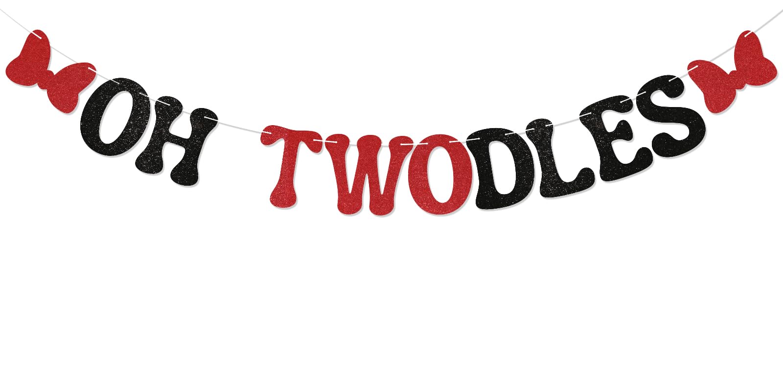 Oh Twodles Banner - Cheer to 2 Years, Happy 2nd Birthday Party Decor for Girls, Cartoon Mouse Theme 2nd Birthday Party Decorations Supplies Red & Black Glitter