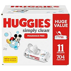 Baby Wipes, Huggies Simply Clean, UNSCENTED, Hypoallergenic, 11 Flip Top Packs, 704 count (Packaging may vary)