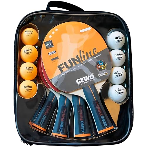 GEWO Family & Friends Tischtennisschläger-Set - 4 Tischtennisschläger für Hobby und Freizeit mit 8 TT-Bällen und praktischer Aufbewahrungstasche - Komplettschläger mit Raver Belag, Griff konkav