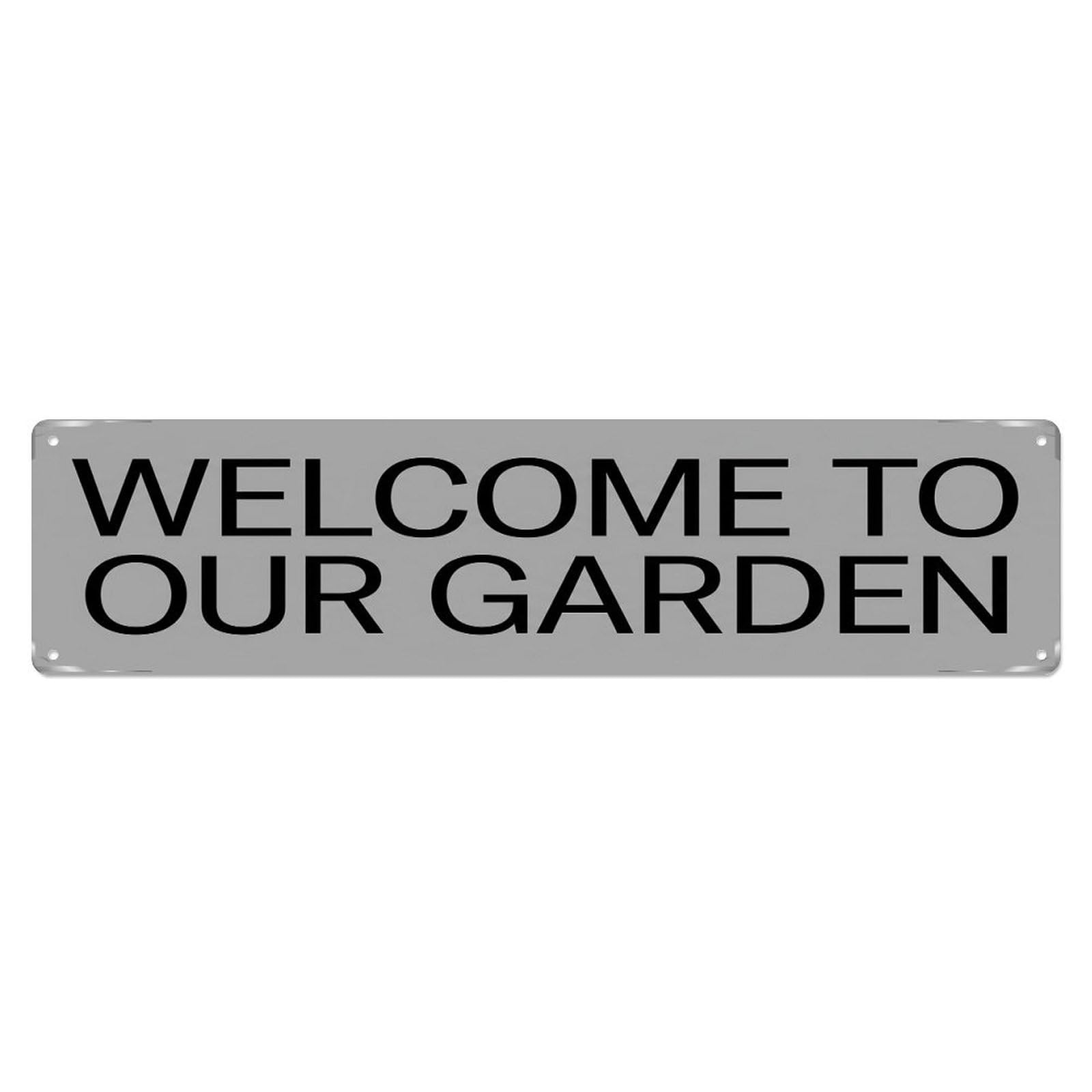 Vintage Welcome to Our Garden Silver Gray Metal Tin Sign