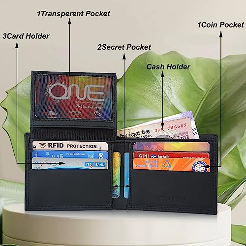 Image of CIMONI Premium Genuine Leather Wallet for Men Travel Casual Wallet with RFID Blocking 9 Card Sots, 2 Secret Pockets, 1 Transparent ID Window (Color - Black)