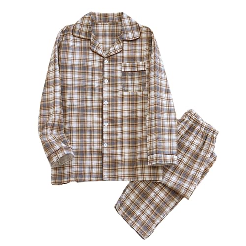 Men's Cotton Vintage Plaid Pajamas Sets Button Down Long Sleeve Shirts Pants Matching Loungewear Sets 2 Piece
