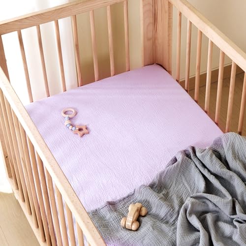 Image of TILLYOU 2 Pack Muslin Crib Sheets for Boys and Girls, 100% Cotton Fitted Crib Sheet for Toddler 52x28 Standard Crib Mattress, Grey and Purple