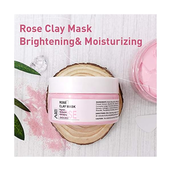 Rose-Clay-Facial-Mask-with-Kaolin-Pink-Clay-Niacinamide-Collagen-Hyaluronic-Acid-Moisturizing-Anti-Aging-Pores-Minimizers-Blackhead-Remover-Hydrating-Mud-Mask-423-oz ANAI RUI Rose Facial Mask, Clay Mask with Kaolin Pink Clay, Niacinamide, Collagen, Hyaluronic Acid for Moisturizing & Smooth Skin, Pores Minimizers, Blackhead Remover, 4.23 Oz