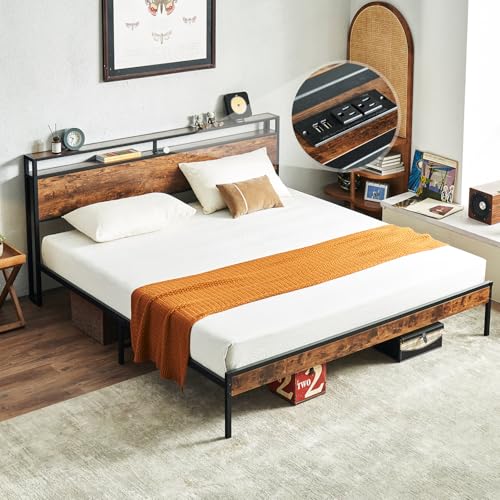 Image of Virabit King Bed Frame with Headboard, Bed Frame King Size with Charging Station, No Box Spring Needed, Steady and Noiseless, Easy Assemble.(Brown)