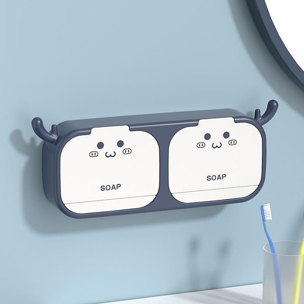 PEFWO Cartoon Soap Holder with Antler Hooks, 2-in-1 Wall Mounted Soap Dish, No Drilling Flip-Top Soap Bar Holder with Self Draining to Keep Soap Bars Dry (Blue)