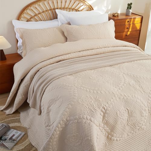 Image of EVENHUG Oversized King Bedspreads California King Quilt Set with Pillow Shams Extra Wide Large King Size Quilts Lightweight Coverlet Bedding Sets Beige 120 inchx128 inch
