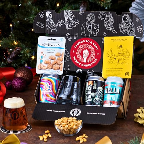 Premium Merry Christmas Craft Beer Gift Pack - 3x330ml Craft Beer Cans Including IPA and other Pale Ales, Bespoke Branded Glass, Delicious Mr.Filberts Snack and Tasting Notes
