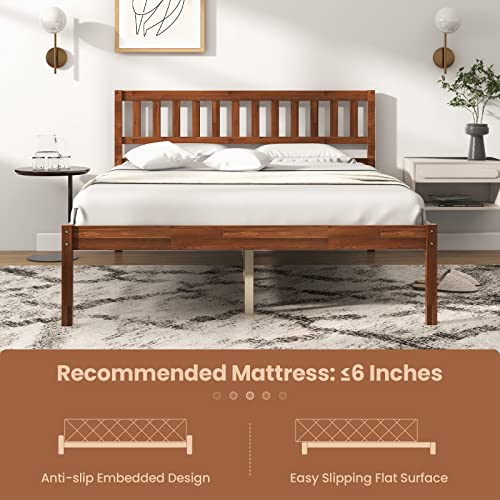 Image of GIANTEX Wood Full Size Bed Frame with Headboard, Mid Century Solid Wood Bed with Slat Support, No Box Spring Needed, Double Bed Frame with 16 inch Under Bed Storage, Walnut