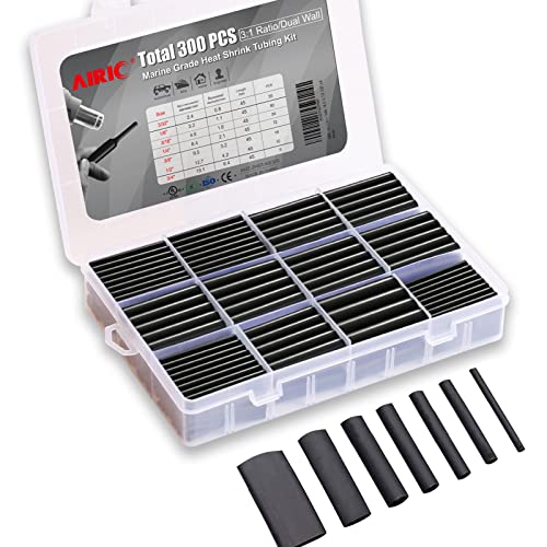 AIRIC Lot de 300 gaines thermorétractables 3:1 avec doublure adhésive - Double paroi - Noir - 7 tailles (diamètre) : 3/4", 1/2", 3/8", 1/4", 3/16", 1/8", 3/32" Cover