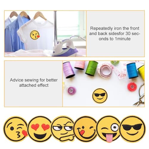 Bestickte Aufnäher, 6 Stück Smile Face Aufnäher zum Aufbügeln mit Nähset, gelbes Lächeln, niedliches fröhliches Gesicht Patches für Kleidung, Jeans, Taschen, Hut, Basteln, Dekoration, DIY-Zubehör