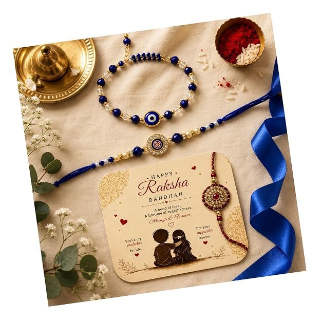 Image of PRINT BHARAT Rakhi for Brother with Coaster, Kumkum & Chawal | Traditional Beaded Thread Rakhi with Royal Kalai Thread | Raksha Bandhan Gift Hamper