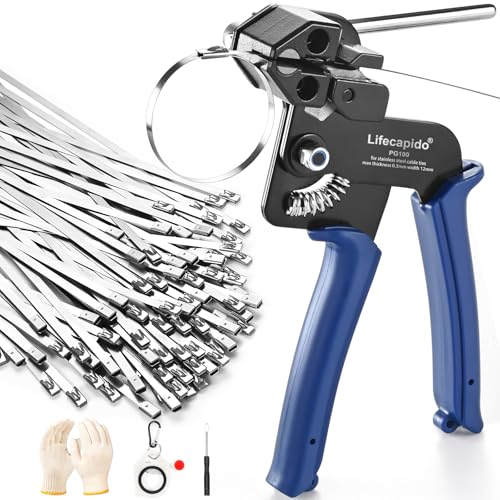Metal Zip Ties Tool, Stainless Steel Zip Tie Gun with Built-in Cutter, Adjustable Fastening Cutting Zip Tie Tool with 100pcs 11.8in Self-Locking Stainless Steel Zip Ties, Zip Tie Organizer and Gloves