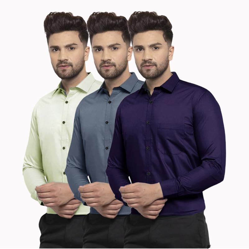 PinkmintMen's Combo Shirt Cotton Stylish Spread Collar Long Sleeve Shirt Formal Wear (Pack of 3)