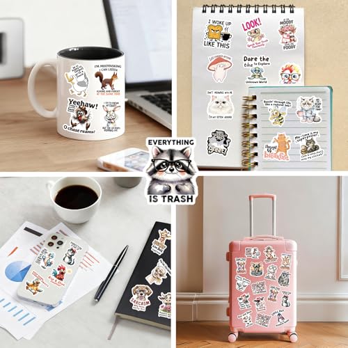 Image of Fun Animal Stickers with Witty Phrase 200 Pcs Playful Animals Sticker Pack, Waterproof Vinyl Stickers for Water Bottles Laptop Scrapbooking Journal Scooter Luggage Skateboard Tumbler Cup Notebook etc