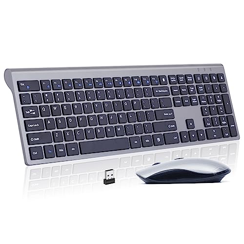 Wireless Keyboard Mouse Combo, Ultra Slim Full Size Computer Keyboard and 2400 DPI USB Silent Mouse with Invisible Light Design, Scissor Switch, Fn Lock, for Laptop PC Chromebook Windows - Black Gray