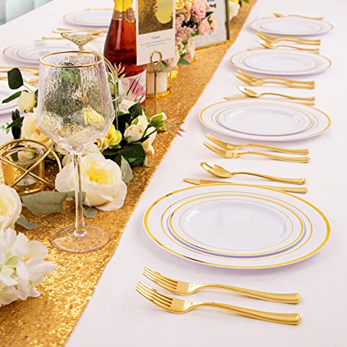 I00000 60Pcs Plastic Gold Plates,10.25 Inch Gold Rimmed Dinner Plates, White Disposable Plates, Parties Or Wedding #TOP5