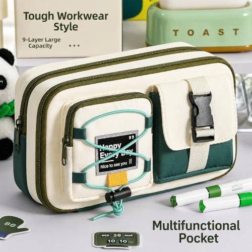 Image of Multi-Compartment Pencil Pouch Large Capacity Pen Case with Zipper & Buckle Pocket, Durable Canvas Stationery Organizer for School Office Travel, Stylish Storage Case (Green Happy Every Day)