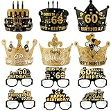 gafas 60 cumpleaños 【Decoración de la Fiesta de Cumpleaños 60 Negro y Orod】El traje incluye 6 sombreros de cumpleaños 60 y 6 pares de gafas de papel para fiestas de cumpleaños 60. Accesorios fotográficos para fiestas de cumpleaños negras y doradas. Ideal para fiestas de cumpleaños de 60 años para hombres o mujeres.