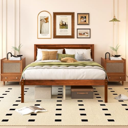 Image of GIANTEX Full Size Wood Platform Bed with Headboard, Mid Century Solid Wood Full Bed with Slat Support, Double Bed Frame with 16 inch Under Bed Storage, No Box Spring Needed, Easy Assembly, Walnut