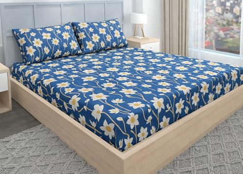 Image of BEVI - Home Super Fabric 300 TC Microfiber Single Queen Size Bedsheet with 1 Pillow Cover - Printed Blue Flower (60x90)