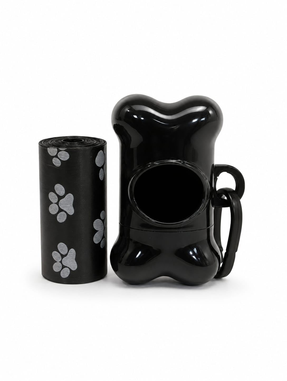 Dog Poop Bag Dispenser with 15 bags, Bone Shaped Dog Waste Bag Holder with Clip, Portable Refil Dog Walking Bag Dispenser for Leads, Harnesses, Bags & Belts (Black)