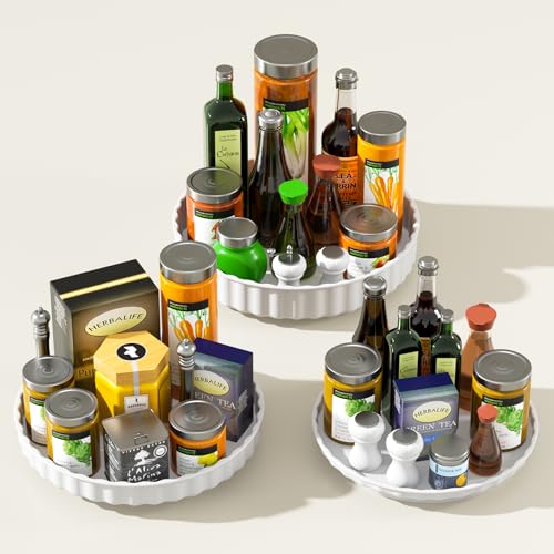 Lazy Susan Turntable, 3 Pack Lazy Susan, Lazy Susan Cupboard Organiser, Rotating Spice Rack for Inside Cupboard Non-Slip Fridge Lazy Susan Turntable (White)