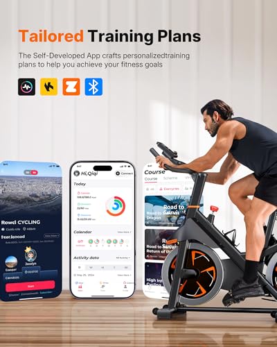 Image of Merach Magnetic Exercise Bike, Heavy Duty Stationary Bike with Automated Resistance, 300 350 Lbs Weight Capacity, Low Noise Indoor Workout Bike for Home Gym with Self-Developed App