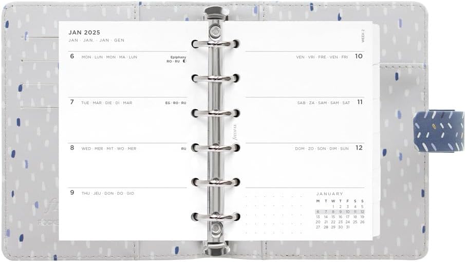 Filofax Indigo Organizer, Pocket Size, Frost - Leather-Look, Gold Foil Accents, Six Rings, Week-to-View Calendar Diary, Multilingual, 2025 (C028714-25)