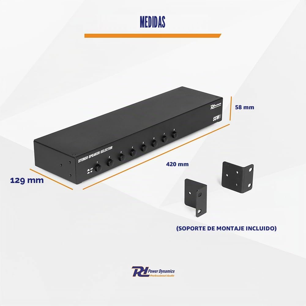 Power Dynamics SSW8 - Selector de audio para altavoces, controla 8 parejas de altavoces, instalación fácil, sin alimentación externa, compatible con altavoces 4-16 Ohmios, Máx.100W por canal