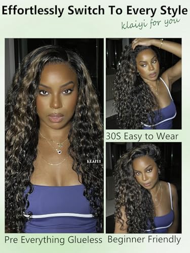 Image of KLAIYI Golden Brown Water Wave Bye Bye Knots Glueless Wig Human Hair Highlight 7x5 Precut Lace Front Pre Plucked Bleached Ombre 3S Ready to Wear Go Beginners Wig with Dark Roots Deep Curly Wave 22Inch